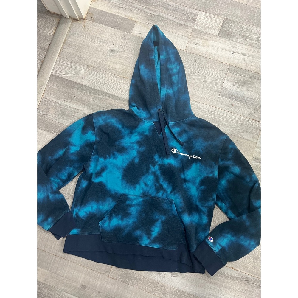 Champion Kids XL Blue Navy Tie Dye Hoodie Fleece Pullover Sweatshirt Logo